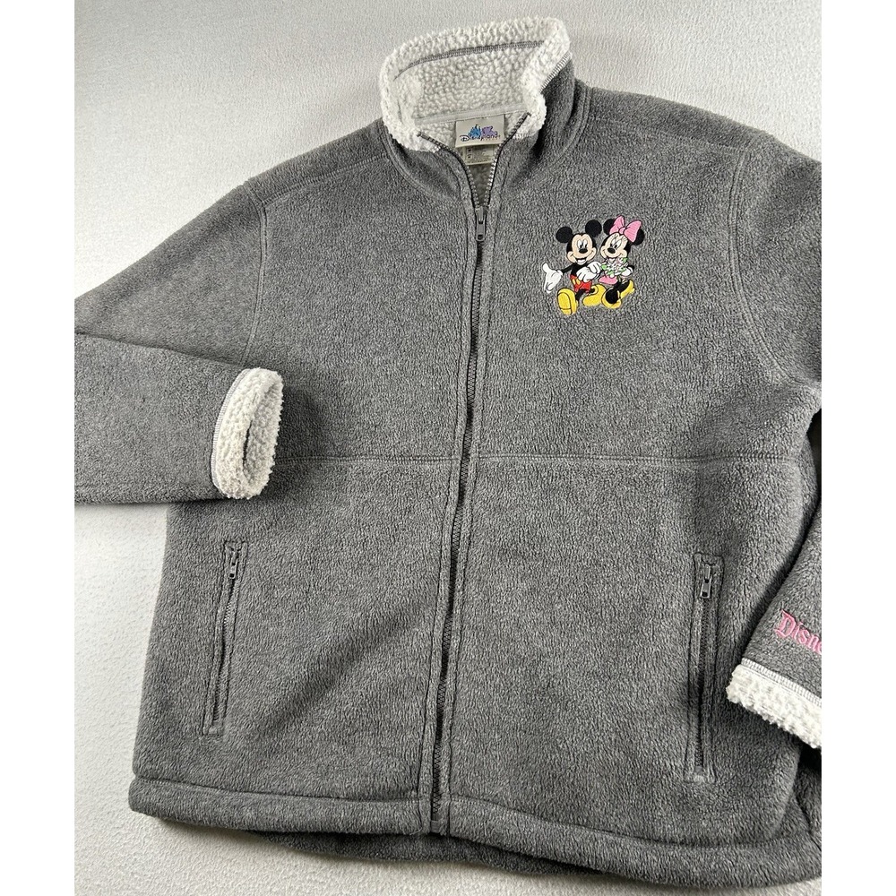 VTG Disneyland Resort Womens Fleece Zip Up Sweater MEDIUM Gray Embroidered Logo